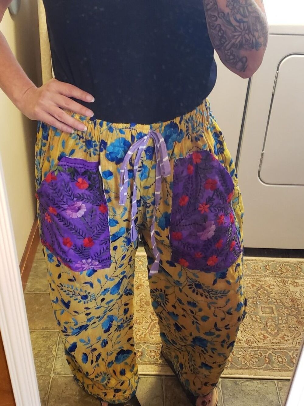 Artisan Made In India. Beautiful Phulkari Yellow & Blue Pant With Drawstring.